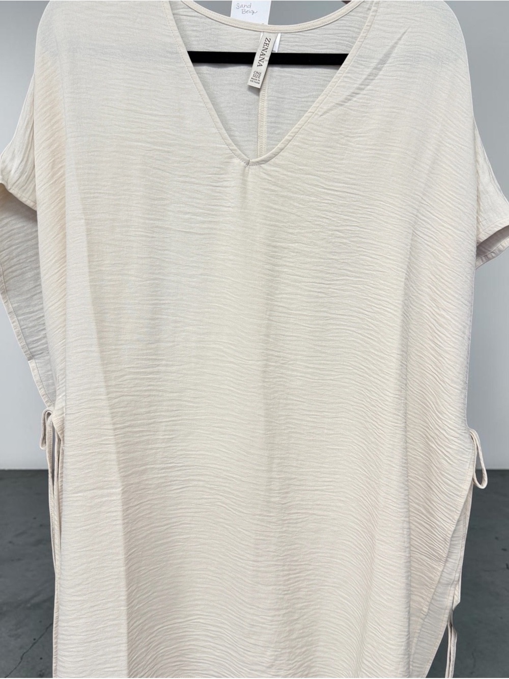Zenana Soft Cream Textured V‑Neck Tunic with Side Ties poncho